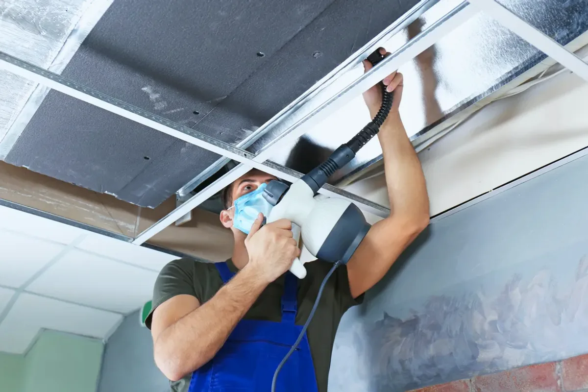 Worker in a mask cleaning a ceiling air duct with a handheld tool