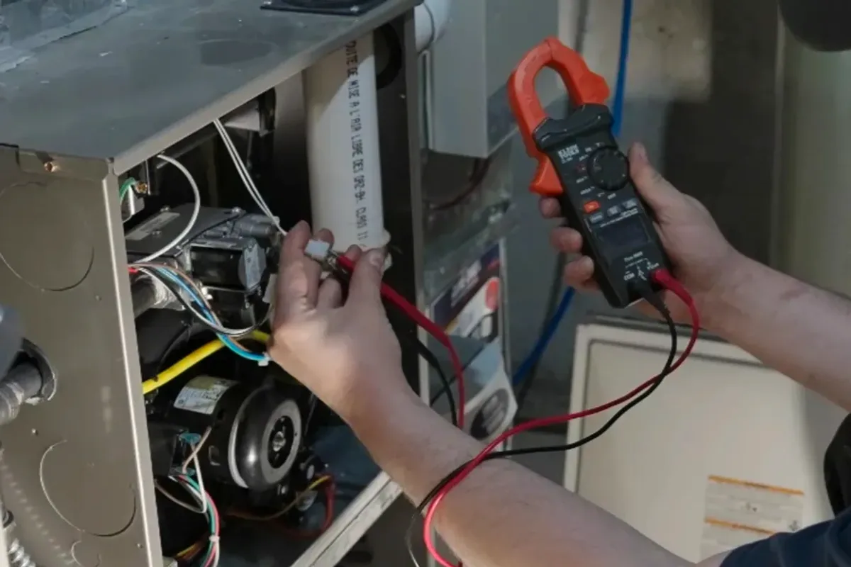 Technician testing a furnace's wiring with a clamp meter
