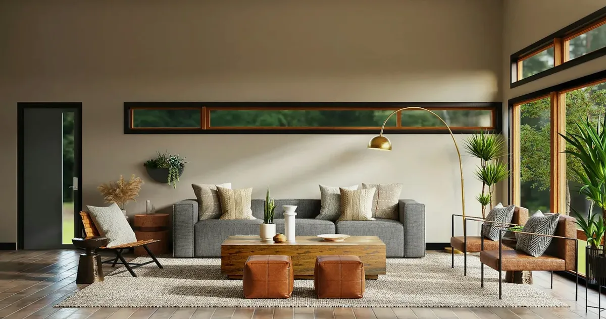 Bright living room with a grey sofa and large windows